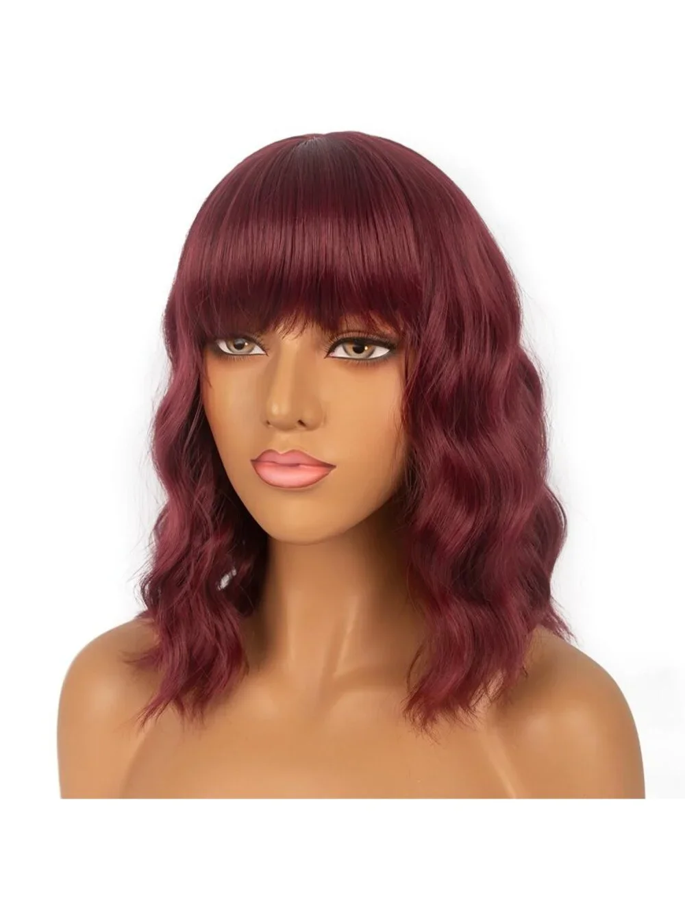Women's Auburn Shoulder Length Synthetic Loose Wavy Short Bob Wigs Bangs